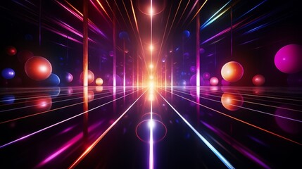 Wall Mural - colorful, neon-lit room with a long, straight line of glowing balls. the balls are of various sizes 
