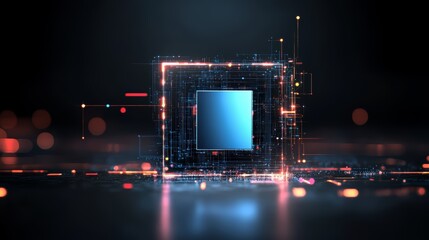 Wall Mural - computer chip is shown in a dark background with a blue square in the middle. the chip is surrounded