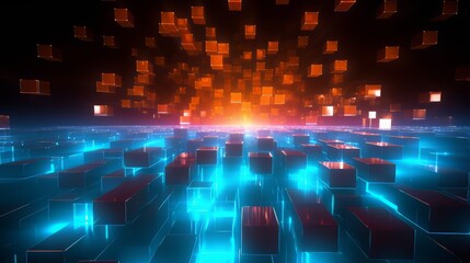 Wall Mural - computer generated image of a blue and red background with many cubes. the cubes are lit up and appe