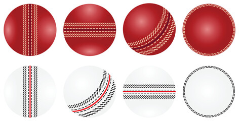 Cricket Balls Realistic Red and White with Seam Stitching Design.