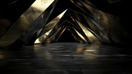 Wall Mural - large, empty room with a gold and black color scheme. the room is very dark and has a very modern an