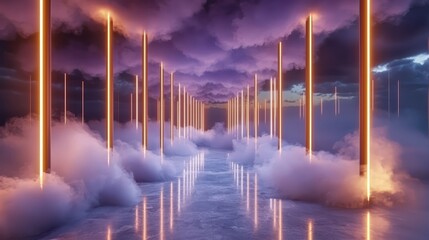 Wall Mural - long hallway with orange lights and clouds in the background. the lights are glowing and the clouds 