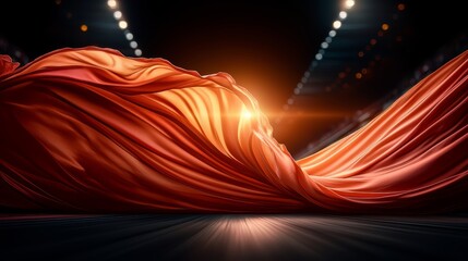 Wall Mural - Long red fabric is shown with a bright orange sun shining on it. The image has a dreamy, ethereal quality to it, as if the fabric is flowing through a tunnel or a tunnel-like structure