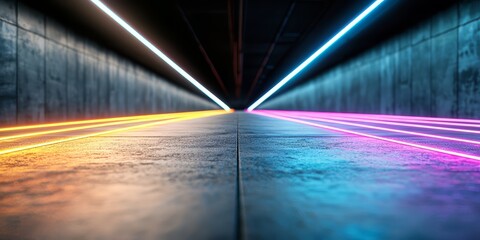 Wall Mural - long tunnel with neon lights on the floor. the lights are in different colors, creating a vibrant an