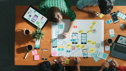 Wall Mural - professional developer team sharing idea of ux ui design by using mind map. top down view of group o