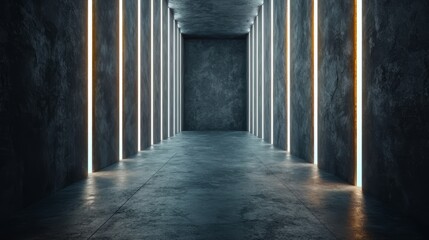 Wall Mural - long, narrow hallway with a white line on the floor. the hallway is empty and the light is on