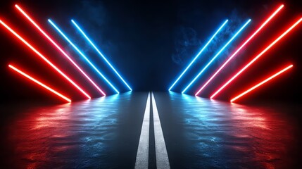 Wall Mural - long, narrow road with red, blue, and white lights on the sides. the lights are arranged in a way th