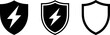 © vector Art - Format: Title: Black shield symbols with lightning bolt and outline variations protection