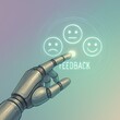 © Diclonius - A robotic hand interacting with a futuristic interface, selecting 'Feedback' and highlighting the happy face, indicating positive sentiment and customer satisfaction.