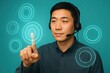 © Diclonius - An Asian man wearing a headset interacts with glowing holographic circles, symbolizing technological innovation and communication in a futuristic office setting.