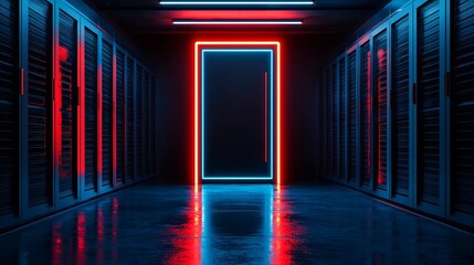 Wall Mural - neon door is lit up in a dark room with many computer servers. the room is dimly lit and the neon do