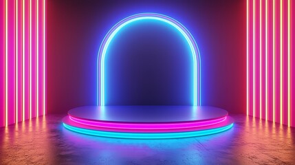 Wall Mural - neon lighted stage with a blue arch in the middle. the stage is empty and the lights are on