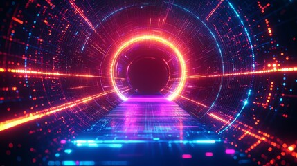 Wall Mural - neon tunnel with a glowing circle in the middle. the tunnel is filled with bright colors and the cir