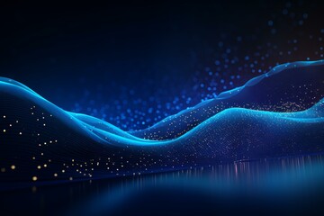 Wall Mural - digital data flow forming abstract blue waves with glowing particles in cyberspace