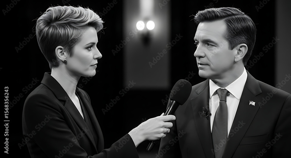 News Reporter Holding Microphone to Interviewee in Black and White ...