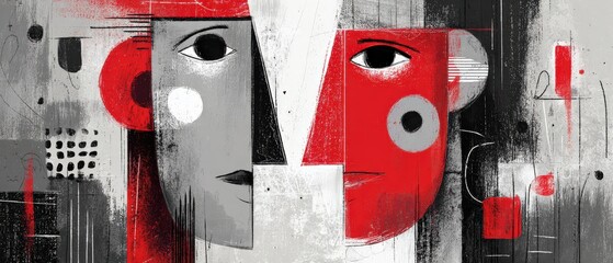 Sticker - abstract portrait of two faces in red and gray with geometric shapes modern art concept of duality, 