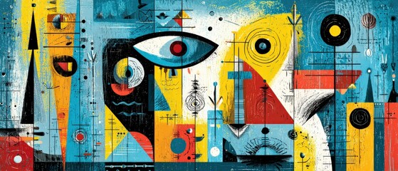 Sticker - vibrant abstract geometric painting with eye motif in midcentury modern style, featuring bold colors
