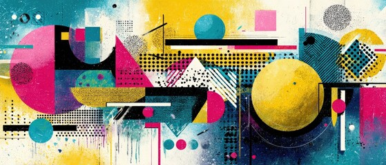 Sticker - vibrant abstract geometric art with circles, triangles, and squares in a modern colorful design conc