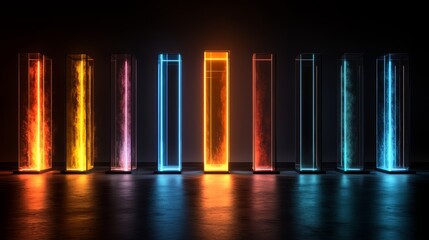 Canvas Print - series of neon colored pillars with a single orange one in the middle. the pillars are lit up and ar