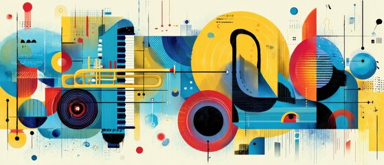 Sticker - vibrant abstract musical instruments art featuring trumpet, piano and saxophone in colorful geometri