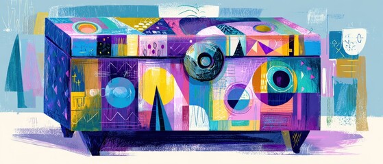 Wall Mural - abstract colorful geometric pattern on vintage chest, decorative art with circles, triangles, and sq