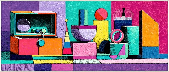 Wall Mural - colorful geometric still life painting with vibrant shapes and bold textures abstract composition wi