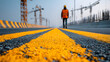 © john - Construction infrastructure highway progress concept. Person in safety gear standing on a highway with yellow lines.
