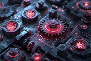 Wall Mural - complex machinery with glowing red lights and intricate details evokes a sense of advanced technolog