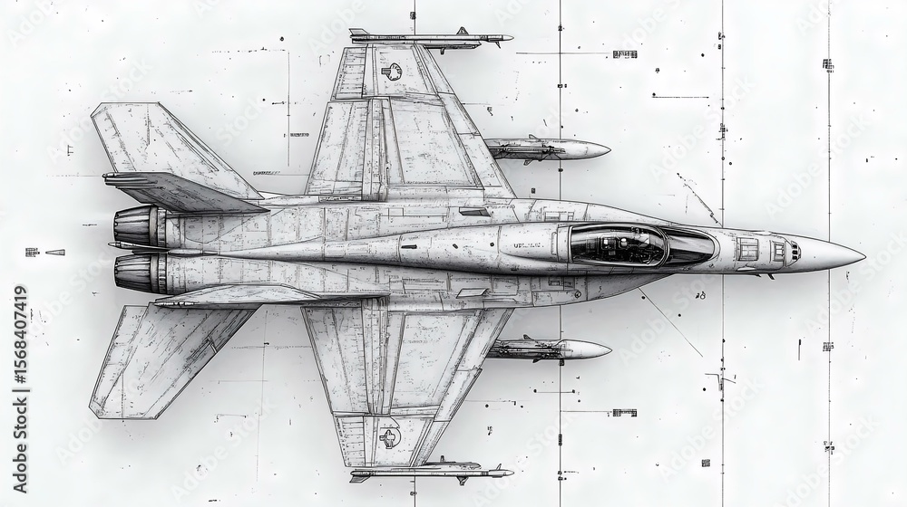 Top view of a detailed military fighter jet with technical ...