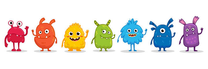 Wall Mural - set of cartoon monsters. Cute monster in flat style. Kids funny character design for posters, cards, magazins. Rainbow monsters. Vector illustration
