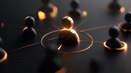 Wall Mural - orange user icon and in pulsing, connecting with other icons glowing a dark, abstract network visual