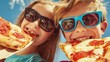 © Ірина Пальцева - Kids enjoying pizza on a sunny day, their faces beaming with delight as they bite into delicious slices. Sunglasses add a touch of cool to the fun!