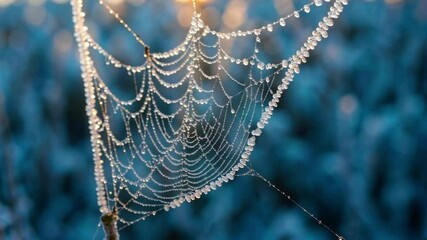 A spiderweb covered with water droplets glistens against a blurred outdoor setting at daytime