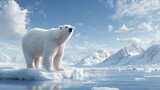 Polar bear standing on ice floe. Snowy mountains and blue sky. Arctic wildlife and climate change. Pristine environment.