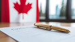 © A2Z AI  - Agreement in Canada: Golden pen resting on contract lines with Canadian flag in the background, symbolizing commitment and national agreement.