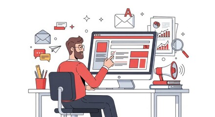 A man works on website content at his desk isolated on white background