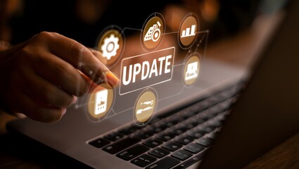 Software update or operating system upgrade concept. Improved functionality in the new version and improved security. Person using laptop with Software update and upgrade technology.