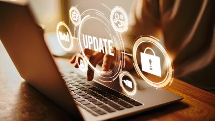 Software update or operating system upgrade concept. Improved functionality in the new version and improved security. Person using laptop with Software update and upgrade technology.