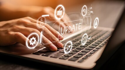 Software update or operating system upgrade concept. Improved functionality in the new version and improved security. Person using laptop with Software update and upgrade technology.