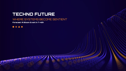 Techno future concept with glowing blue and orange particle lines on a dark background for artificial intelligence.