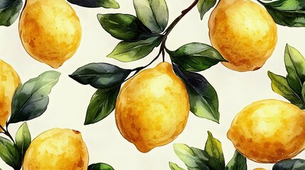 Wall Mural - bright watercolor illustration of lemons with green leaves on a soft background. perfect for kitchen