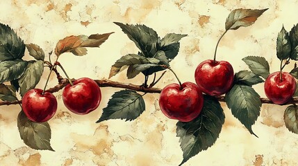 Wall Mural - a vintage-style illustration of red apples on a branch with green leaves, perfect for agricultural t