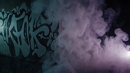 Wall Mural - Mystical smoke rising along the concrete wall illuminated by flashing lights, night scene with fog, horror style seamless abstract background