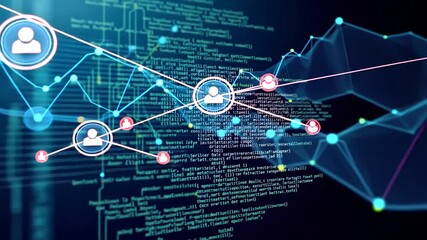 Animated technological background with data connection lines and user icons for technology concept