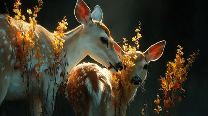 Canvas Print -   Two deer standing in a field of tall grass and yellow flowers against a black background