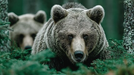 Canvas Print -   A couple of bears strolling through a verdant forest adorned with lichen