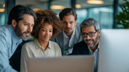 Diverse group of business people working together in office, looking at computer screens, copy space