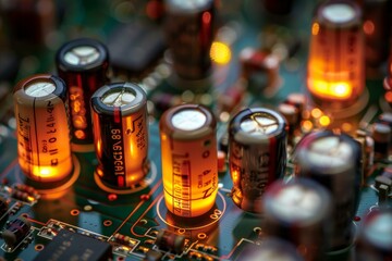 Wall Mural - electrolytic capacitors glowing on a circuit board in extreme close up, showcasing the intricate det