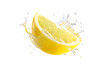 © Zaini - A bright yellow lemon wedge splashes into clear water creating dynamic liquid droplets and splashes against a transparent background