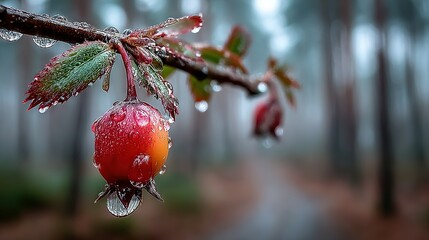 Wall Mural -   A red apple hangs from a tree branch, dotted with water droplets on its leaves In the background, a trail leads away
